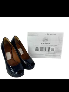 Lanvin Navy Patent Leather Peep-Toe Platform Pumps